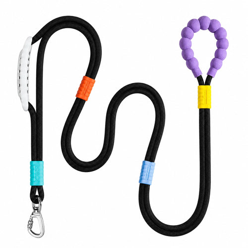 The black Noblias hands free dog leash laid out, showing the silicone beaded loop, the padded control grip and the metal swivel clip.