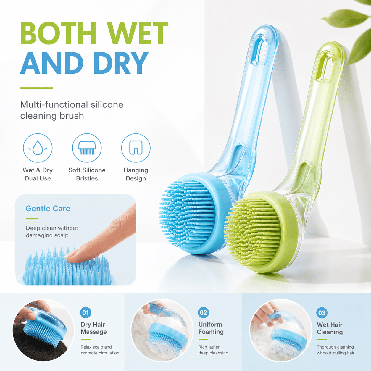 Blue Noblias 2-in-1 Pet Bath Brush with built-in shampoo dispenser, showing the brush and dispenser in use on a pet.