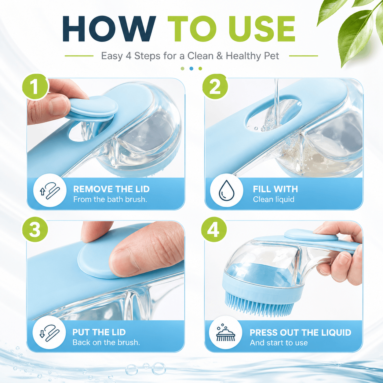 Blue Noblias 2-in-1 pet bath brush and shampoo dispenser showing the brush and dispenser parts in use.