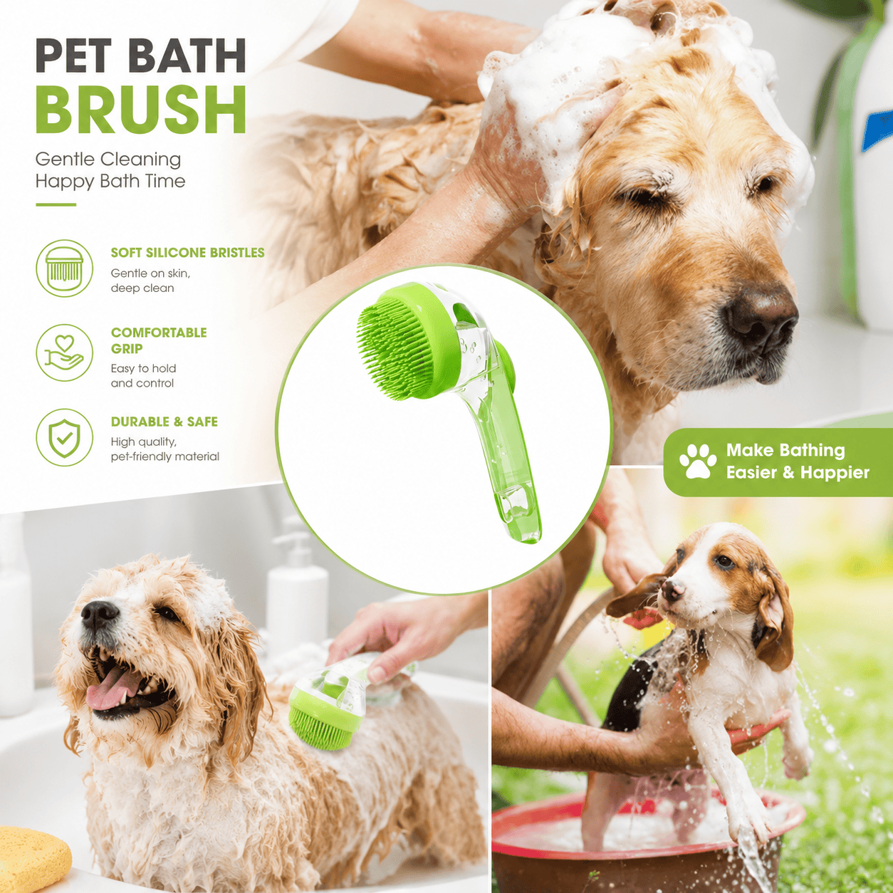 Blue Noblias 2-in-1 pet bath brush with integrated shampoo dispenser, designed for easy grooming and cleaning of dogs and cats.