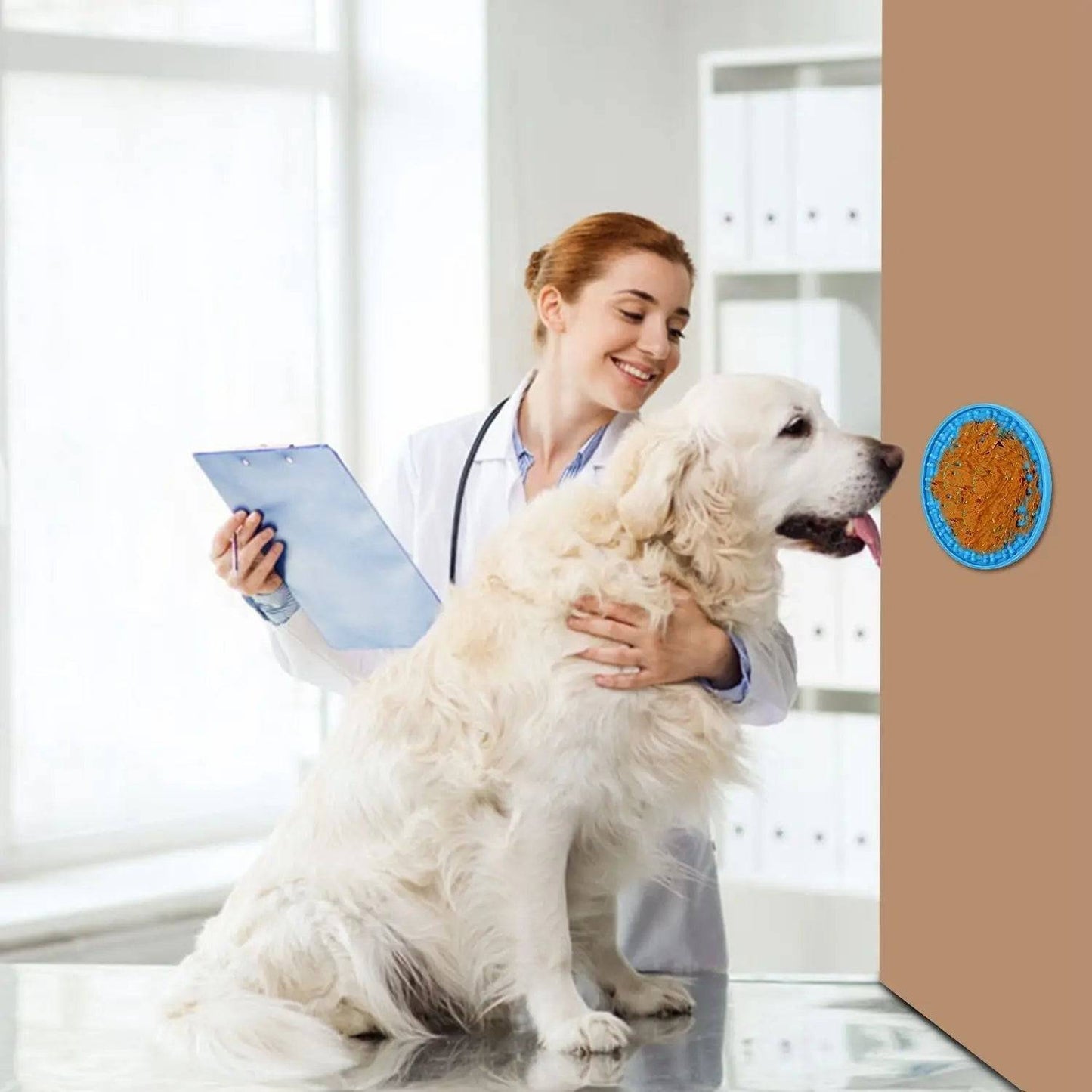 Two blue Noblias lick mats with suction bases, designed as slow feeders for dogs and cats to promote calm eating.
