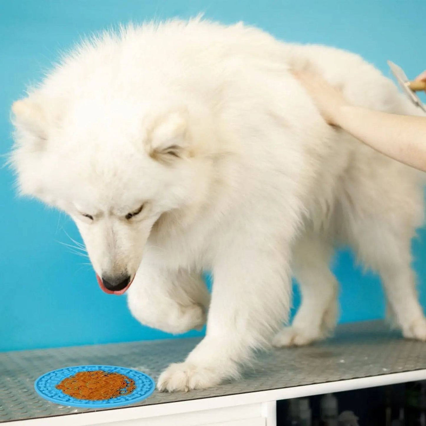 Two Noblias blue lick mats with suction cups, designed as slow feeders for dogs and cats to promote calm, interactive feeding.