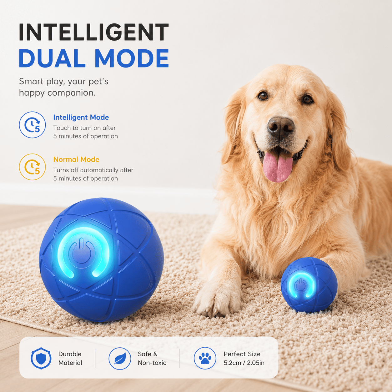 Blue Noblias Smart Self-Moving Interactive Dog Toy Ball for pets, featuring engaging motion and durable design for playtime fun.