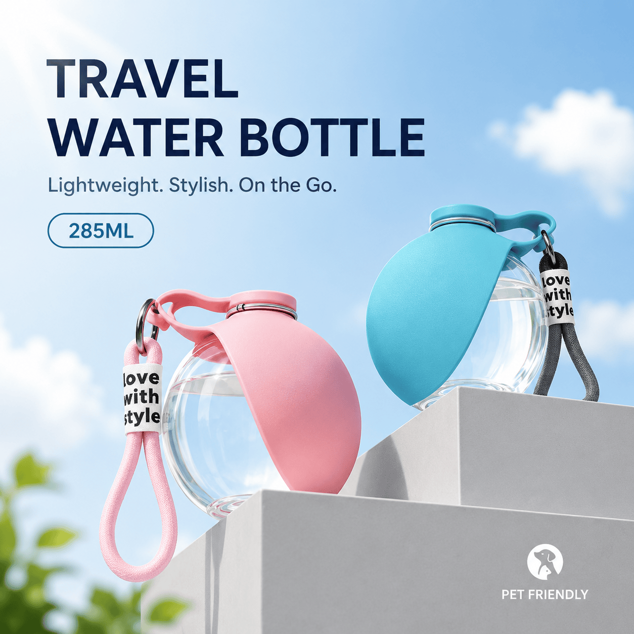 Blue Noblias portable dog water bottle with built-in cup for easy hydration during outdoor walks and travel.