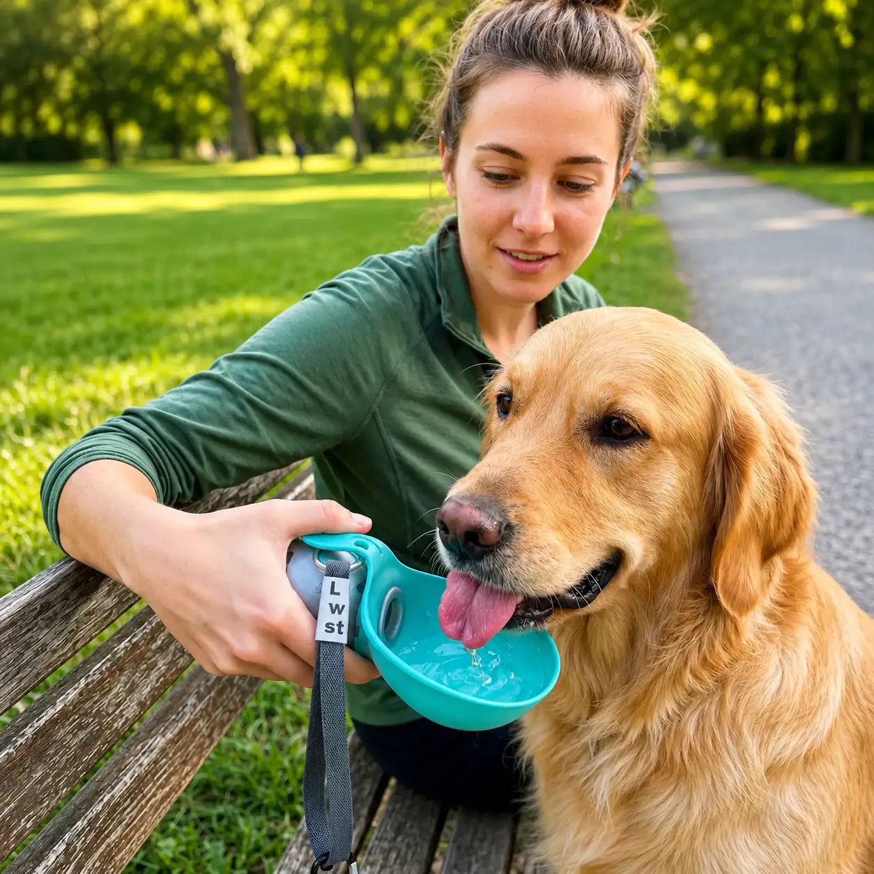 Blue Noblias portable dog water bottle with leak-proof design and built-in bowl for easy pet hydration during travel