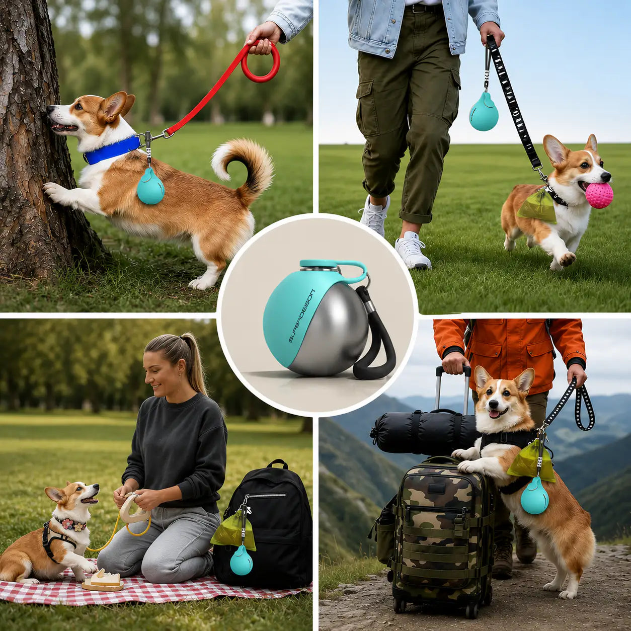 Blue Noblias portable dog water bottle with leak-proof design and built-in bowl for easy pet hydration on the go.