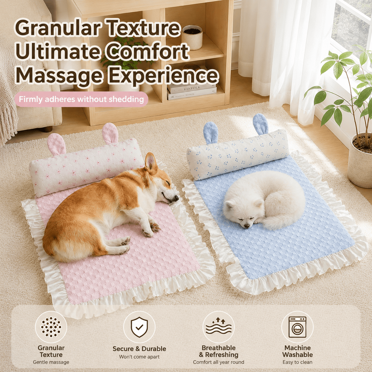 Blue cooling pet mat with rabbit ear design by Noblias, soft and comfortable for small pets to stay cool.
