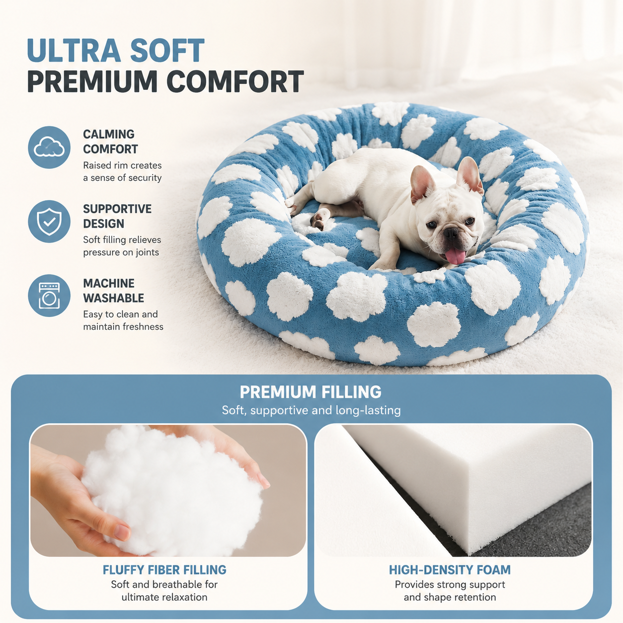 Blue Noblias soft plush donut bed for dogs and cats, cozy round pet bed with cushioned edges for comfort.