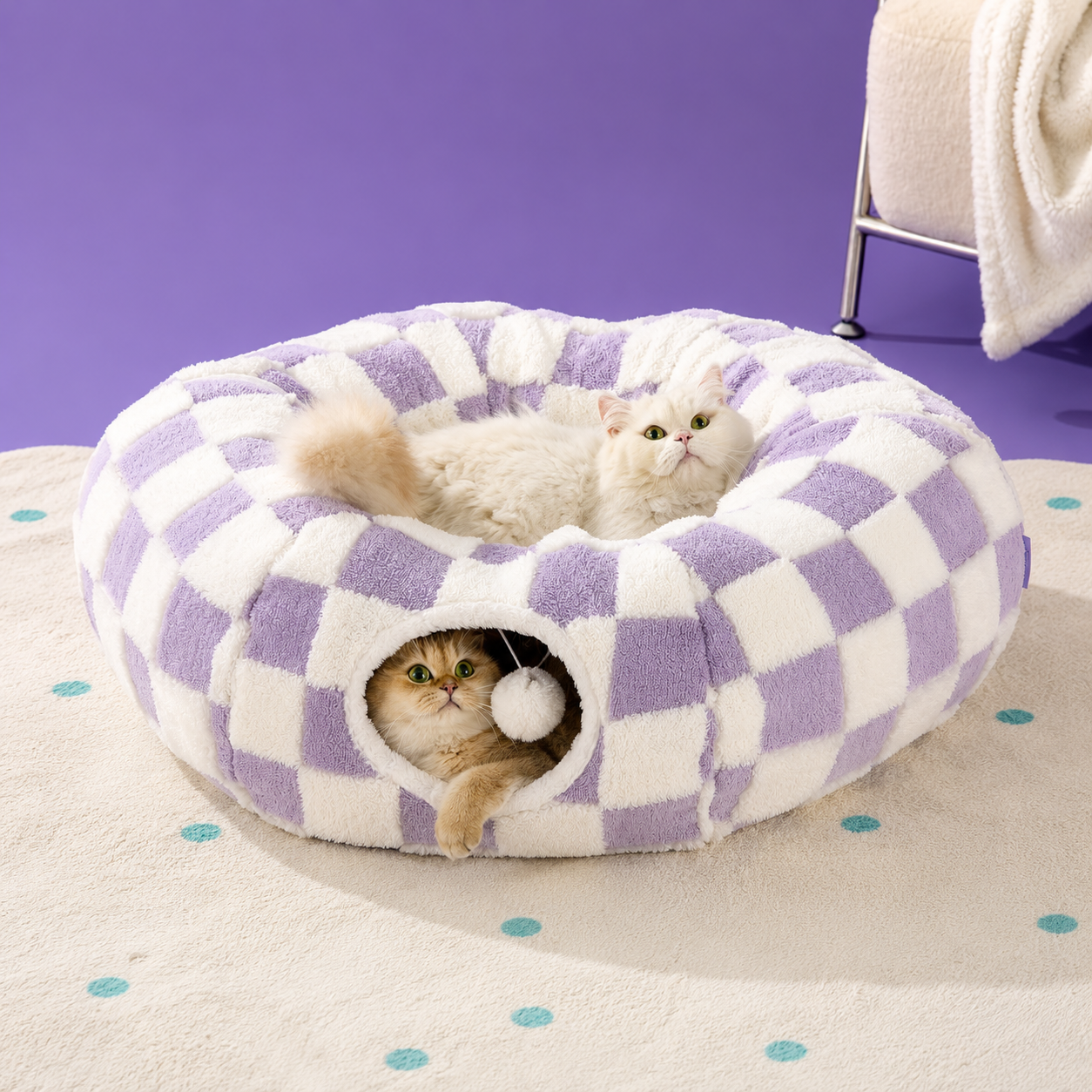 Blue Noblias 2-in-1 foldable indoor cat tunnel bed with soft, washable fabric and cozy round design for pets.