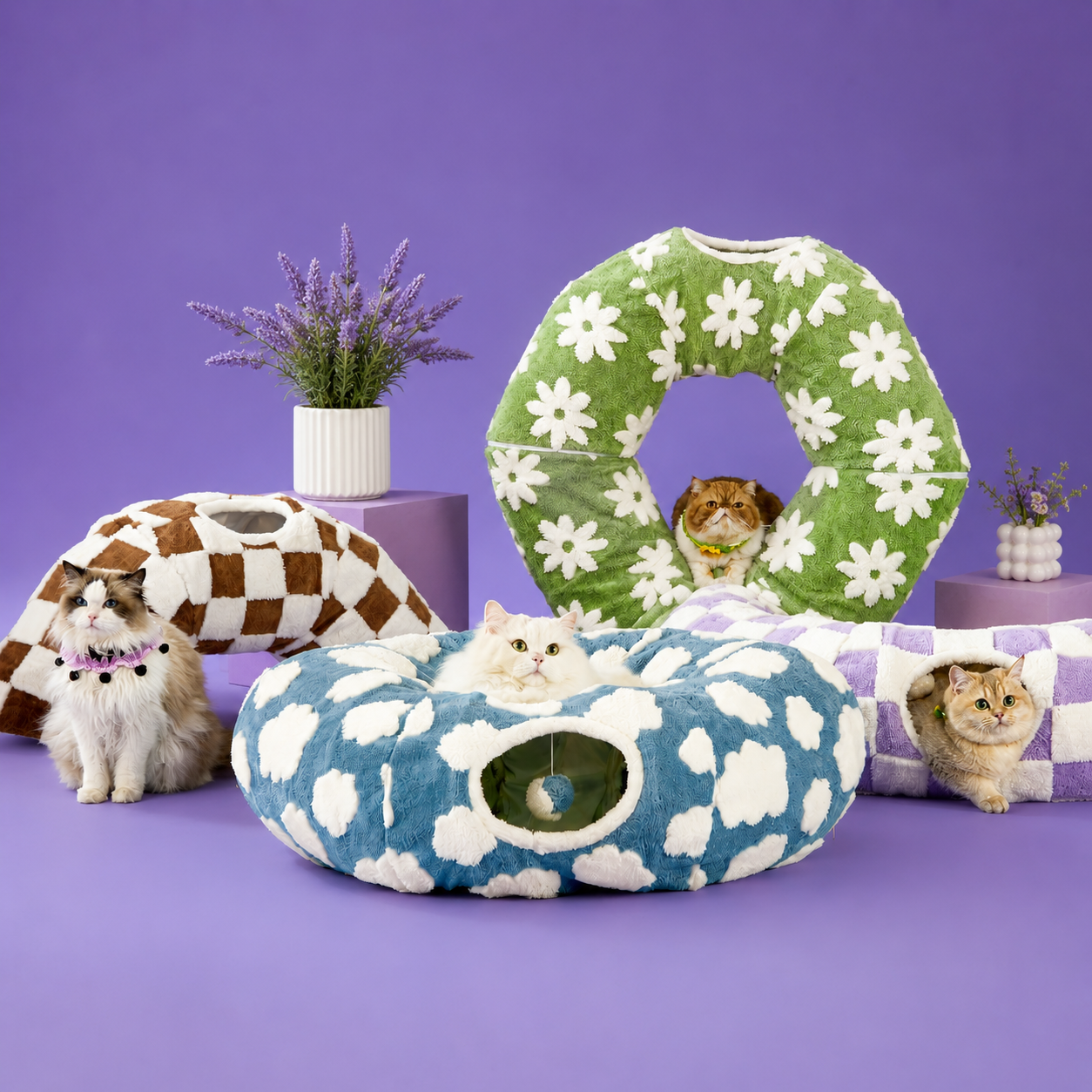 Blue Noblias 2-in-1 foldable indoor soft round cat tunnel bed with washable fabric and cozy interior for feline comfort