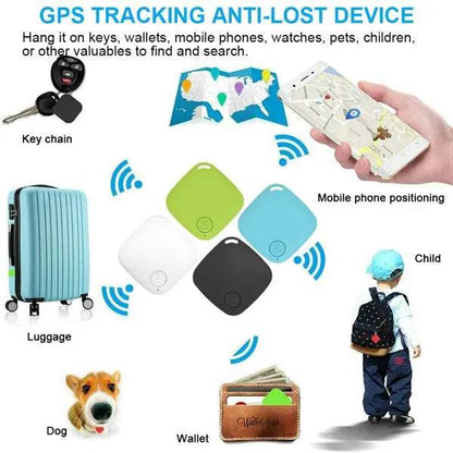 Marketing panel for the anti-lost Bluetooth pet tracker showing a phone map screen and use cases for pets, bags and keys.