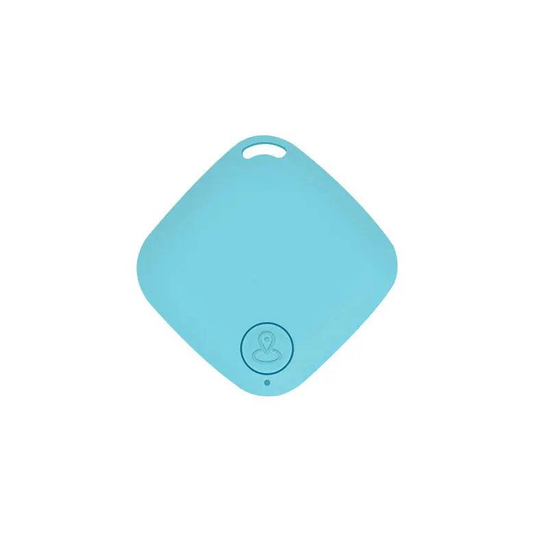 Blue Bluetooth pet tracker tag with a keyring hole and a single round button.