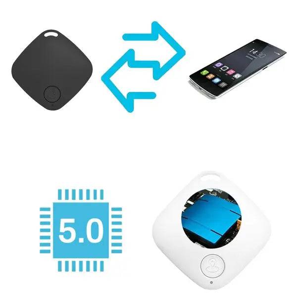 Diagram of the Bluetooth pet tracker pairing with a phone, with a Bluetooth 5.0 chip icon and a white tag.