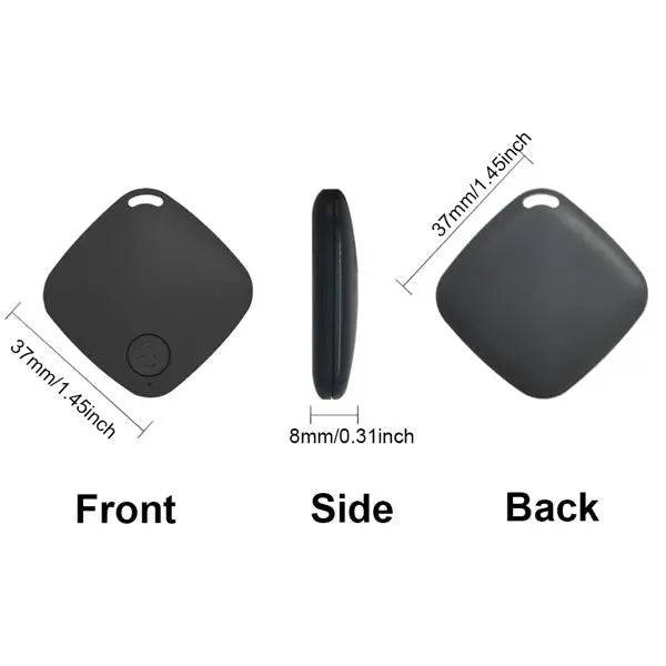 Front, side and back views of the black Bluetooth pet tracker with 37 mm width and 8 mm thickness marked.