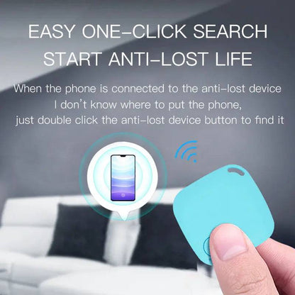 Infographic showing a double press on the Bluetooth pet tracker button making a phone ring, captioned easy one-click search.