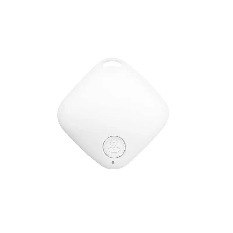 White Bluetooth pet tracker tag with a keyring hole and a single round button.