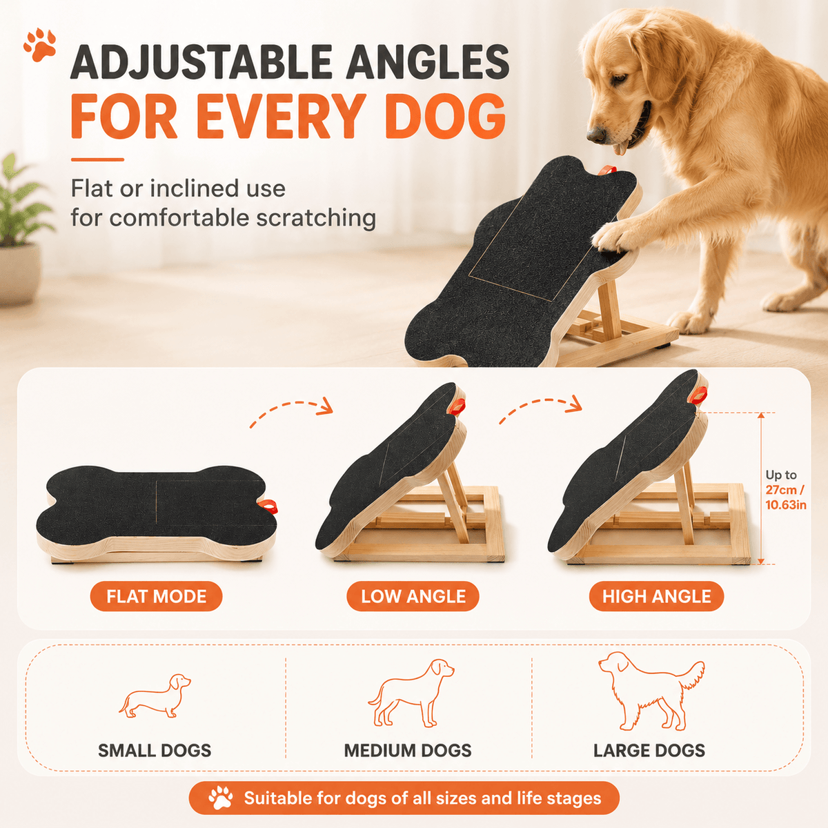 The three positions of the adjustable board: flat, low angle and high angle, matched to small, medium and large dogs