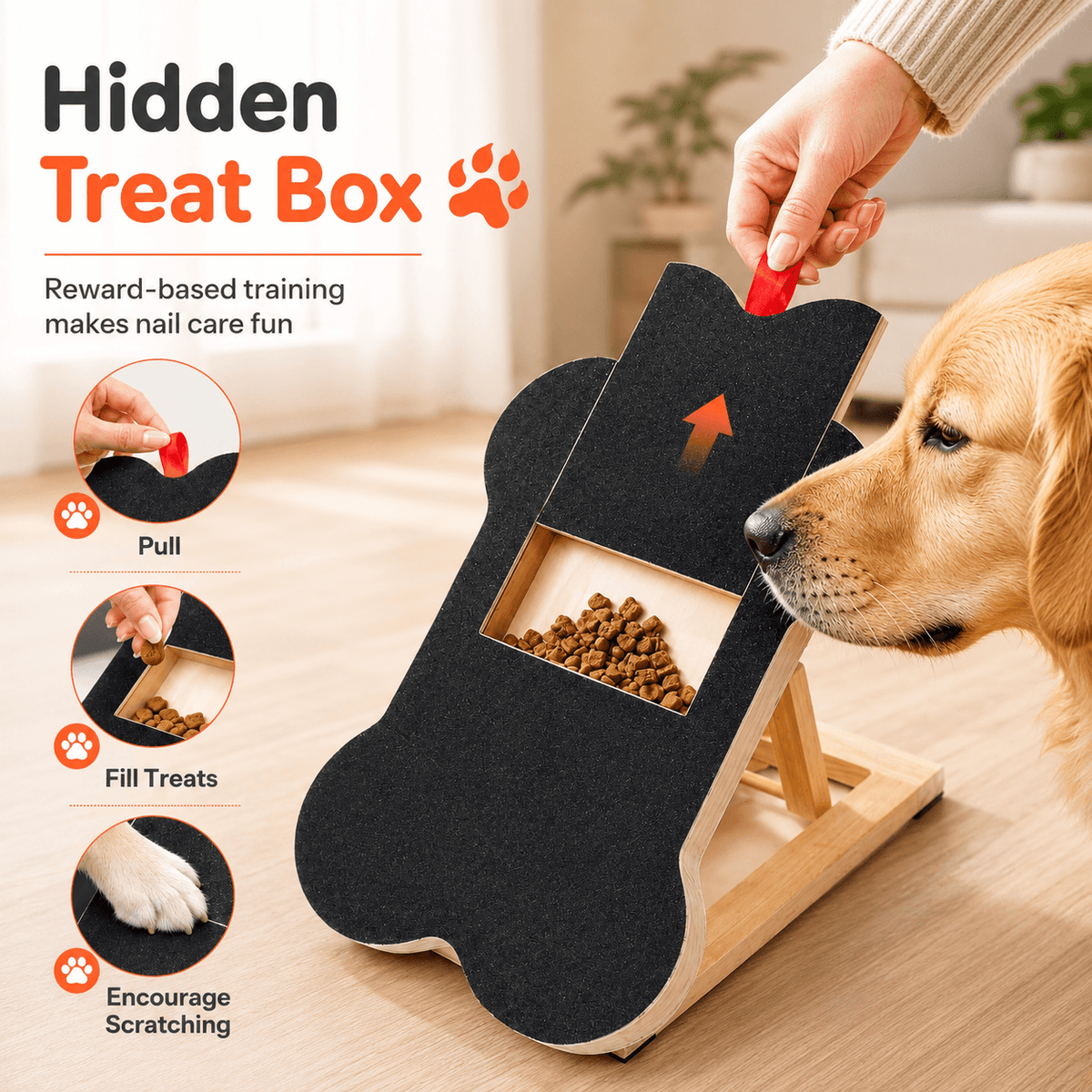 Hidden treat box in three steps: pull the red ribbon, fill the compartment with treats, and let the dog scratch to reach the smell