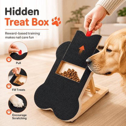 Hidden treat box in three steps: pull the red ribbon, fill the compartment with treats, and let the dog scratch to reach the smell