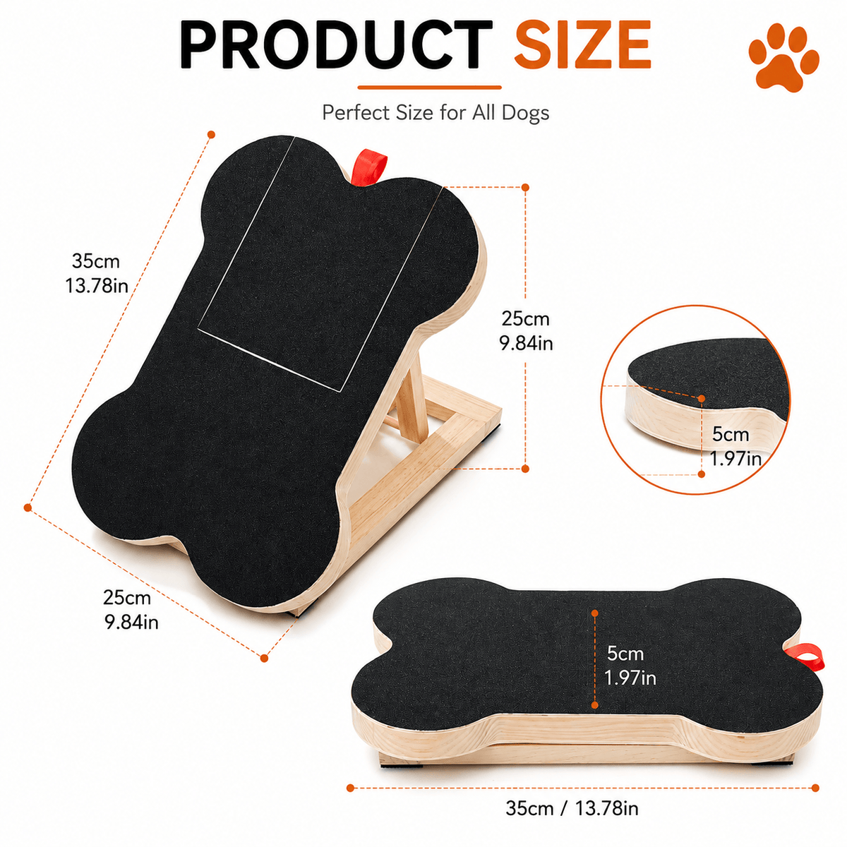 Size diagram of the bone shaped nail scratch board showing its length, width and thickness flat and raised