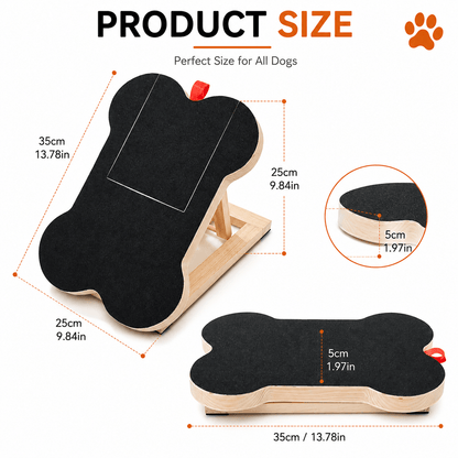 Size diagram of the bone shaped nail scratch board showing its length, width and thickness flat and raised