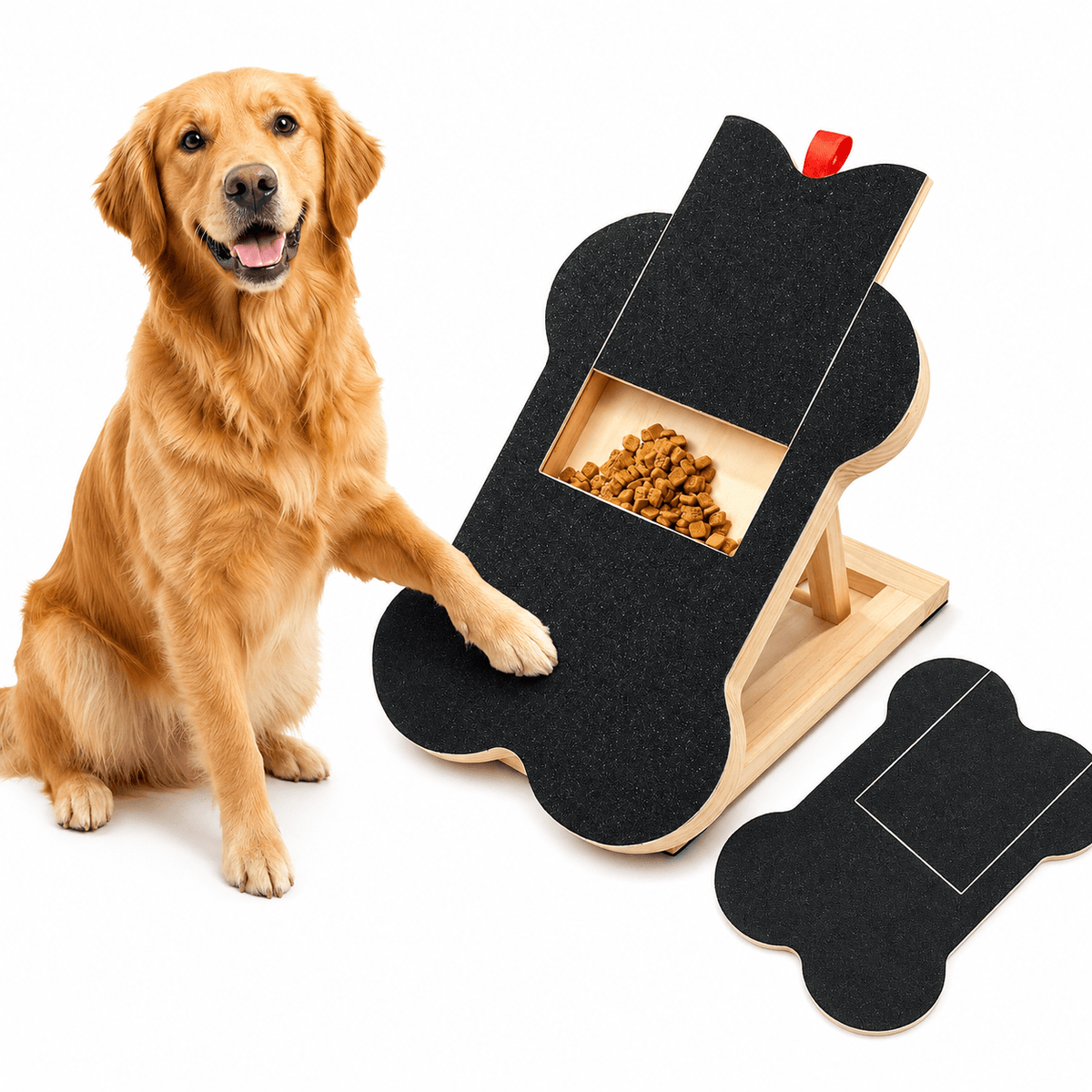 Golden Retriever offering a paw beside the Noblias bone shaped dog nail scratch board, with the flat board and its hidden treat compartment shown alongside