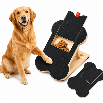 Golden Retriever offering a paw beside the Noblias bone shaped dog nail scratch board, with the flat board and its hidden treat compartment shown alongside