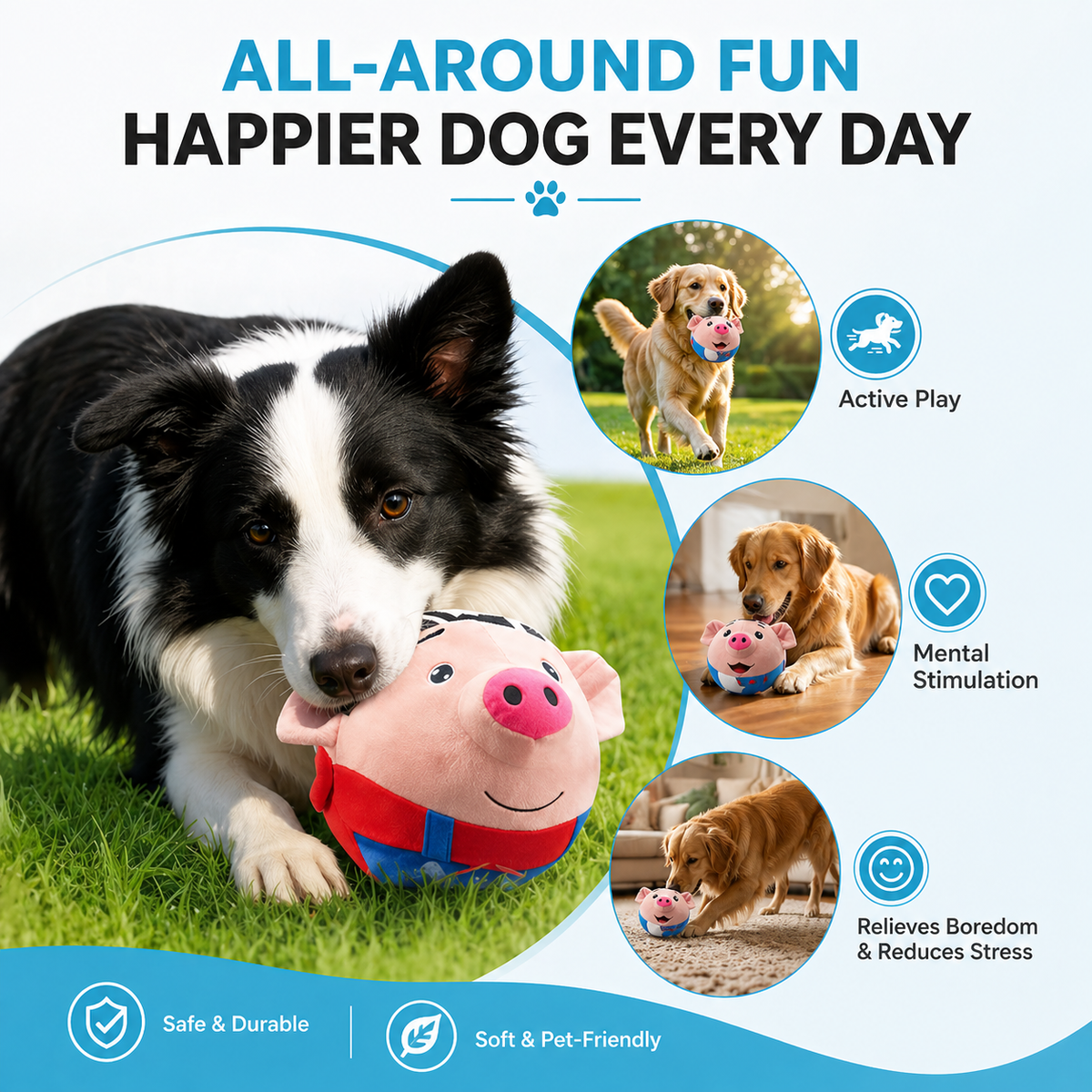 Border collie lying on grass with the red bouncing pig dog toy, with active play, mental stimulation and relieves boredom icons.