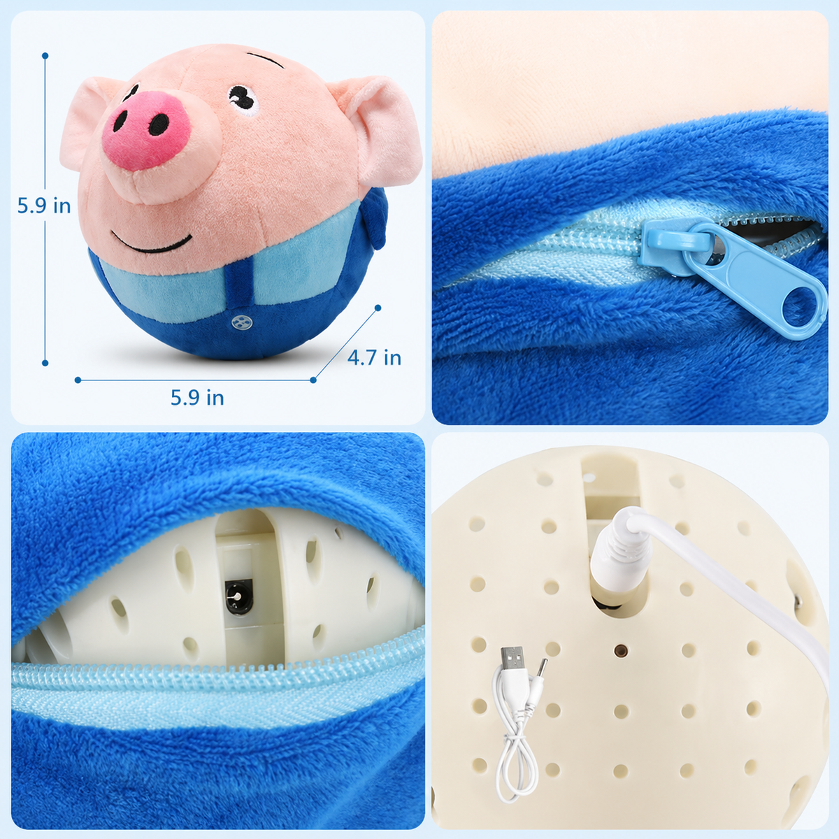 Bouncing pig dog toy with its 5.9 inch size marked, the zipper, the inner ball and the USB charging cable.