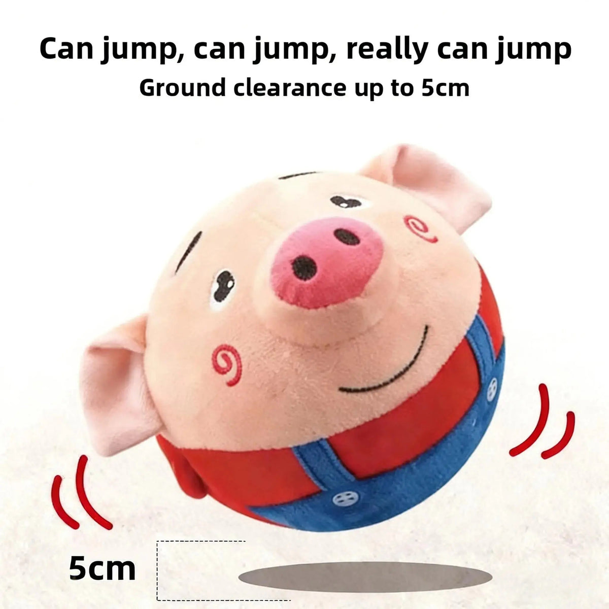 Red bouncing pig dog toy mid-jump with its 5 cm ground clearance marked.