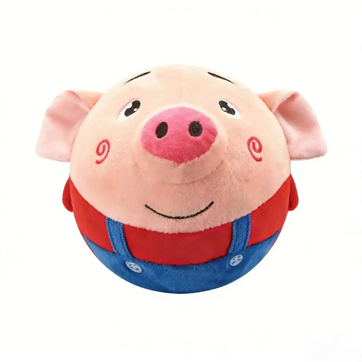 Red bouncing pig dog toy with red overalls on a white background.