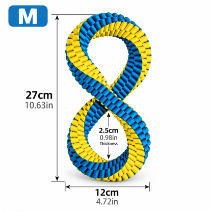 Figure-8 braided dog toy in size M, 27 cm long and 12 cm wide.
