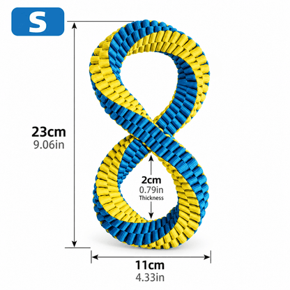 Figure-8 braided dog toy in size S, 23 cm long and 11 cm wide.
