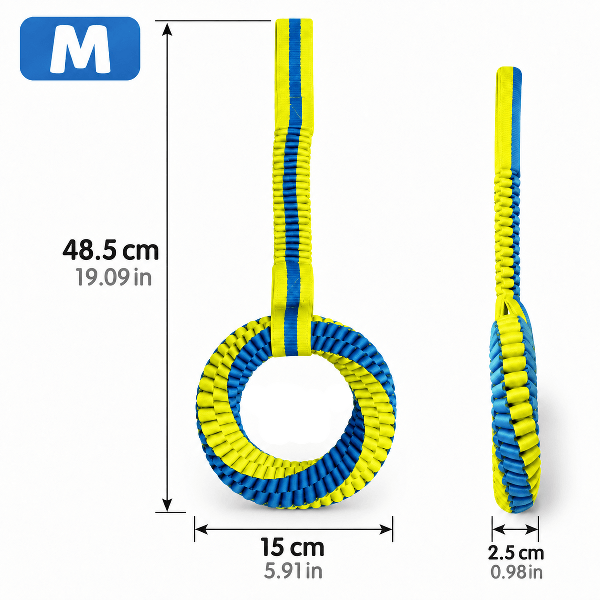 Ring with handle braided dog toy in size M, 48.5 cm long with a 15 cm ring and 2.5 cm thickness.