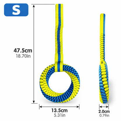Ring with handle braided dog toy in size S, 47.5 cm long with a 13.5 cm ring and 2 cm thickness.