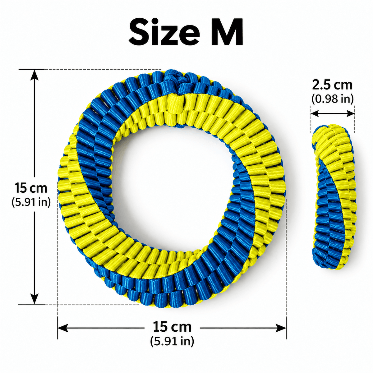 Single ring braided dog toy in size M, 15 cm across and 2.5 cm thick.