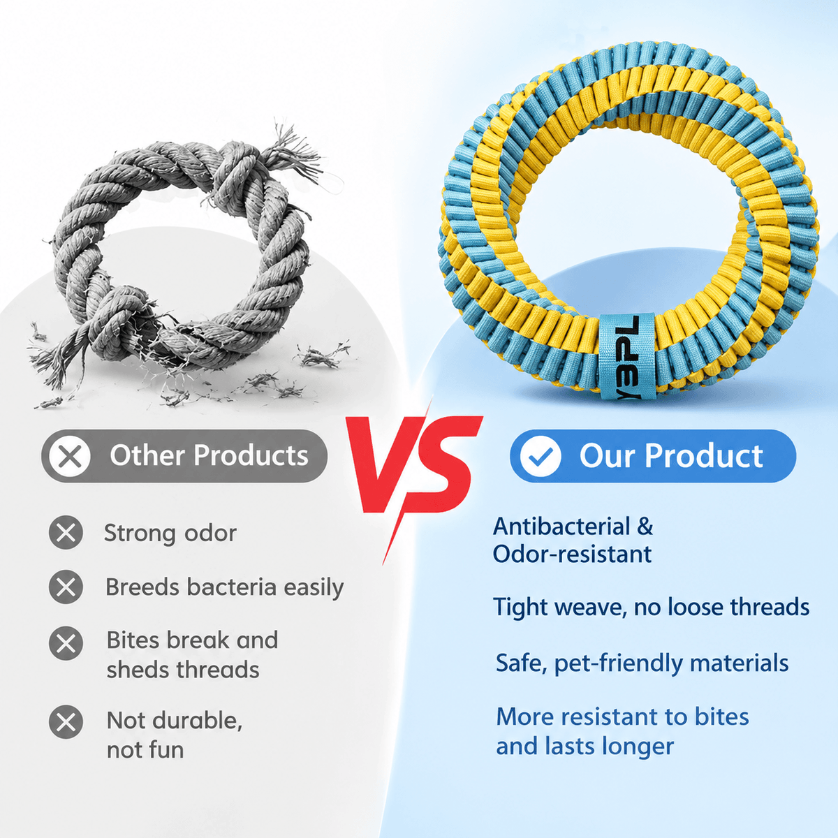 Comparison of a frayed ordinary rope toy and the tightly woven braided dog ring toy.