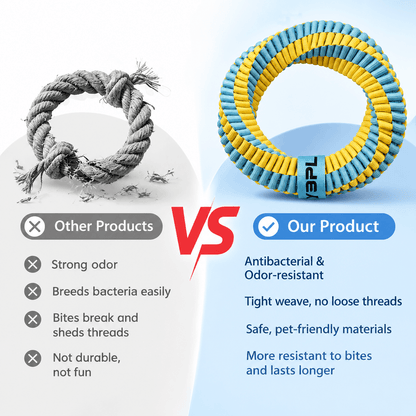 Comparison of a frayed ordinary rope toy and the tightly woven braided dog ring toy.