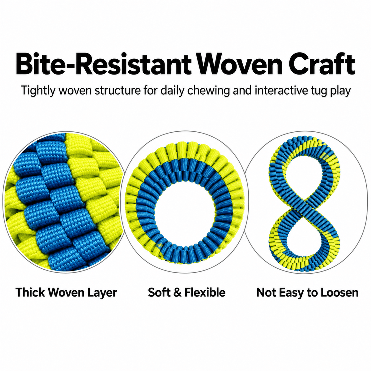 Close-ups of the braided dog ring toy's thick woven layer, the single ring and the figure-8 style.