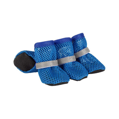 Set of four blue breathable mesh dog shoes with grey reflective straps and black rubber soles on a white background.