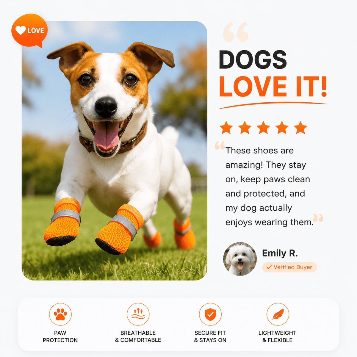 Jack Russell terrier bounding across grass in the orange breathable mesh dog shoes, on a panel about paw protection, breathability, secure fit and light weight.