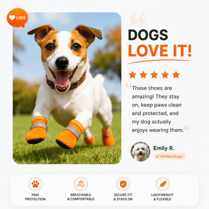 Jack Russell terrier bounding across grass in the orange breathable mesh dog shoes, on a panel about paw protection, breathability, secure fit and light weight.