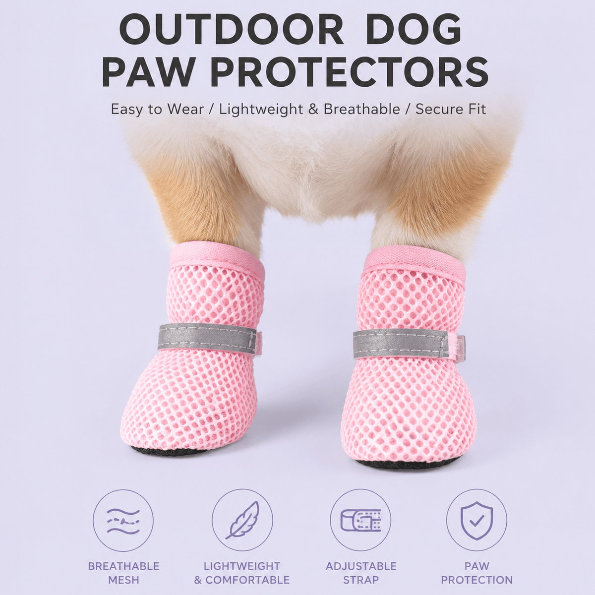Corgi standing in the pink breathable mesh dog shoes, labeled outdoor dog paw protectors with breathable mesh, lightweight comfort, an adjustable strap and paw protection.
