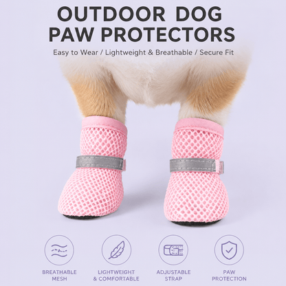 Corgi standing in the pink breathable mesh dog shoes, labeled outdoor dog paw protectors with breathable mesh, lightweight comfort, an adjustable strap and paw protection.
