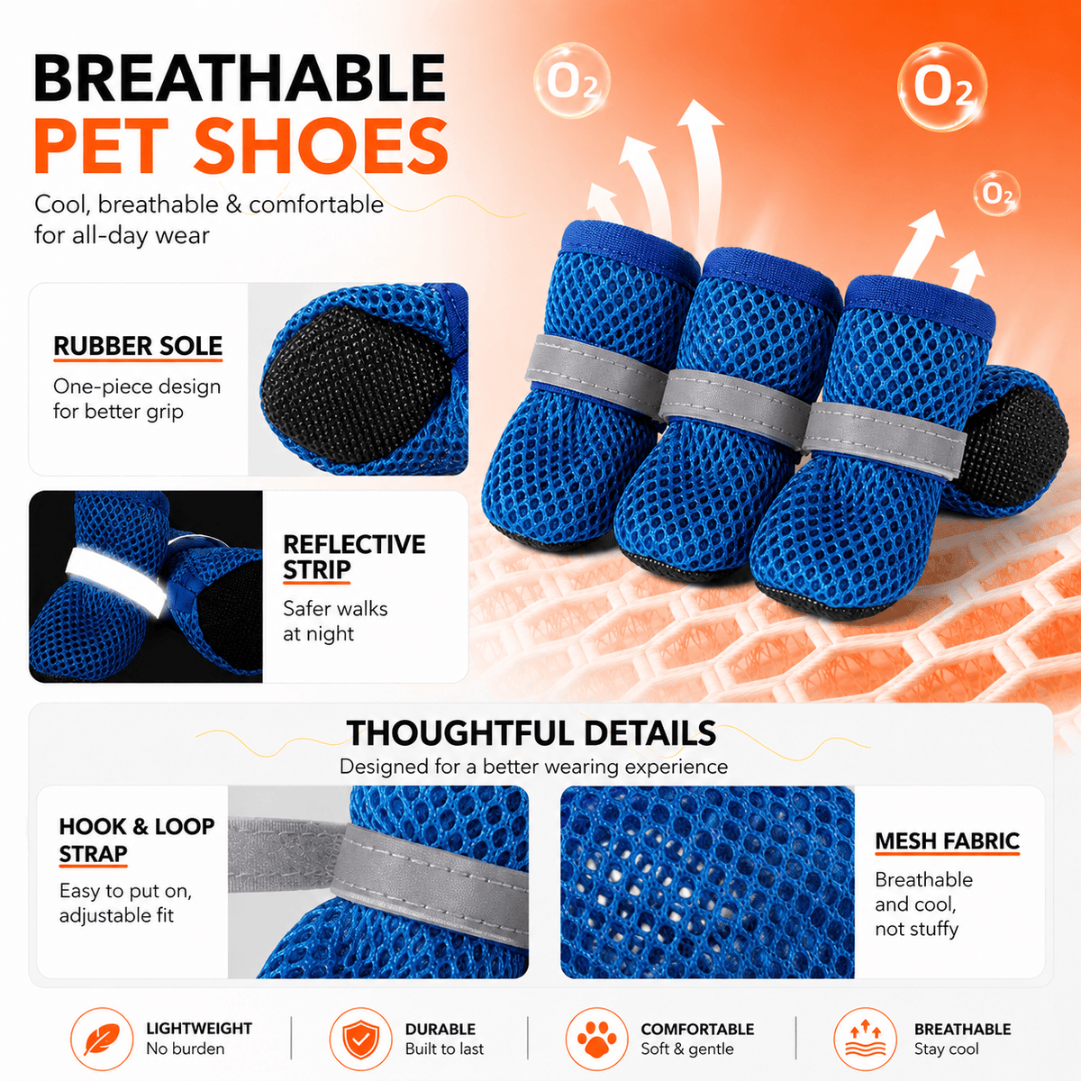 Blue breathable mesh dog shoes with callouts for the one-piece rubber sole, the reflective strip, the hook and loop strap and the open mesh fabric.