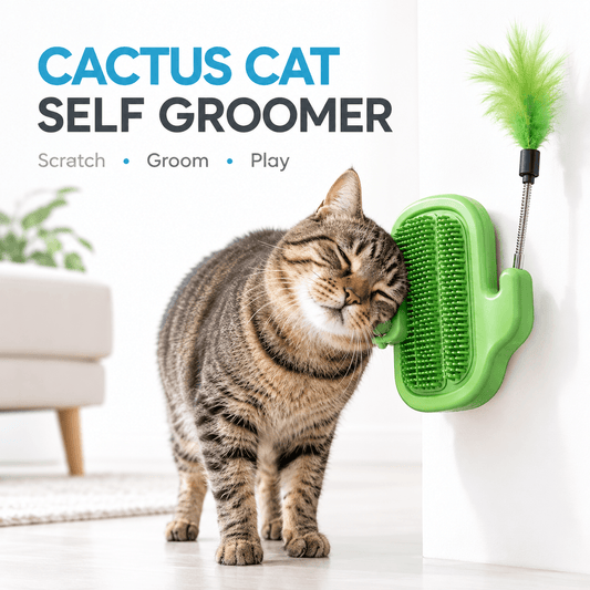 A tabby cat rubbing its cheek on the green cactus cat self groomer mounted on a wall corner.