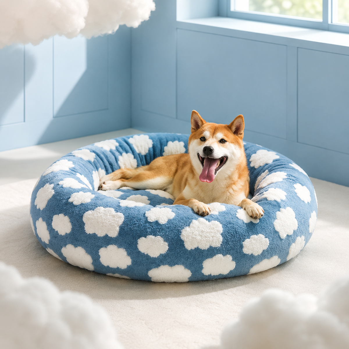 Shiba Inu lying in the blue cloud print calming donut dog bed in a blue room.