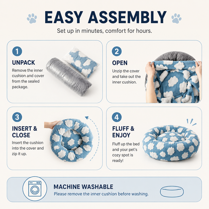 Four-step assembly guide for the calming donut dog bed: unpack, unzip the cover, insert the cushion and fluff, with a machine washable note.