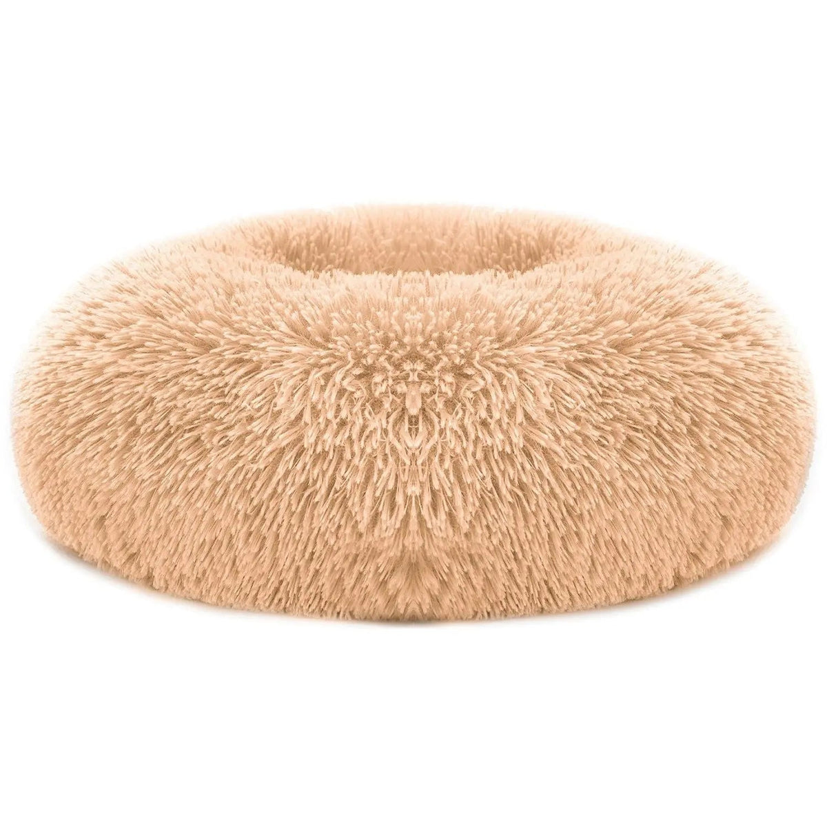 Brown long faux fur donut dog bed on a white background