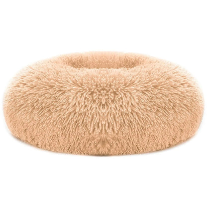 Brown long faux fur donut dog bed on a white background